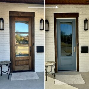 Before and after photo of rustic brown door changing to modern blue colored door, taller than your average door