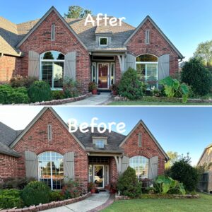 White vinyl windows on red bricked home. Before and after photo presented as one picture