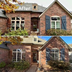 Before and after pictures, white aluminum windows with grids become white vinly windows, in red bricked home with new cedar trim in the after photo for one opening